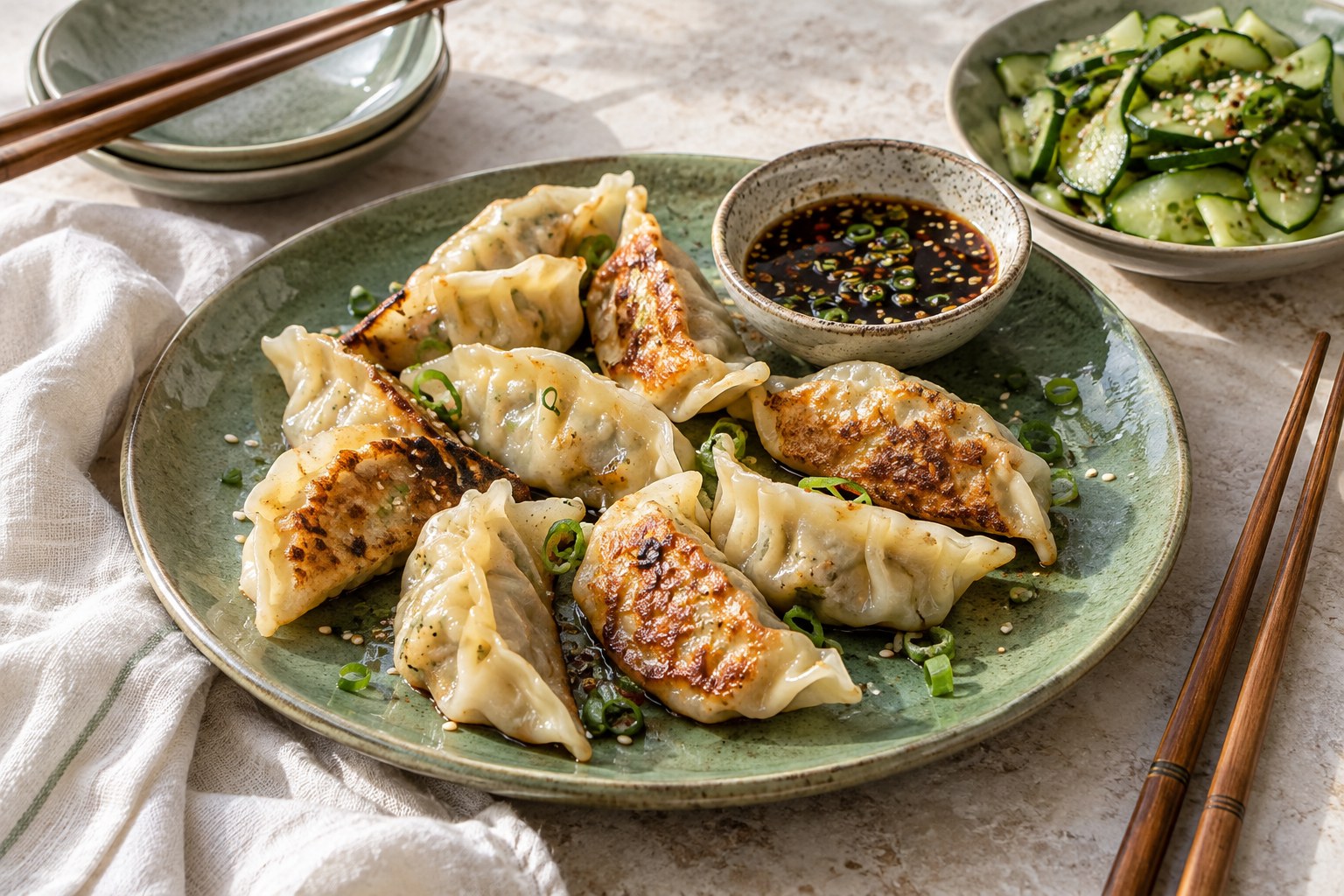 An inviting plate of golden pan-fried dumplings with dipping sauce and a cucumber side